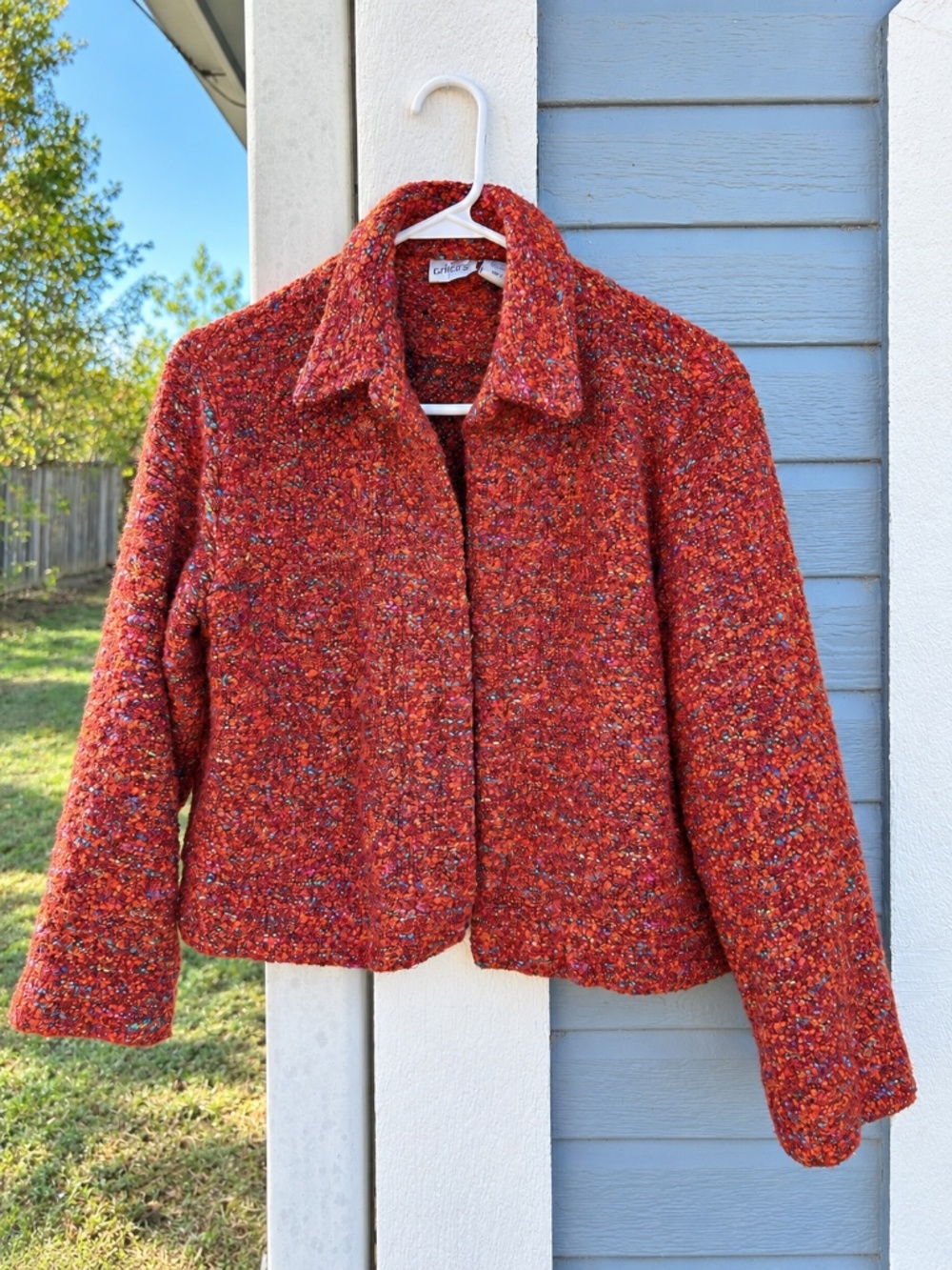 Vintage Chico’s Art to Wear Red Orange Tweed Boucle Jacket Sz 1 Multicolor Fleck
